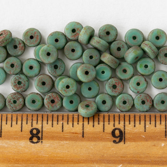 3x6mm Glass Heishi Beads - Etched Turquoise with Red Wash - 25 beads