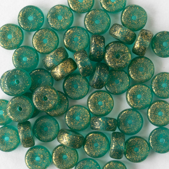 3x6mm Glass Heishi Beads - Matte Green with Gold Dust - 25 beads