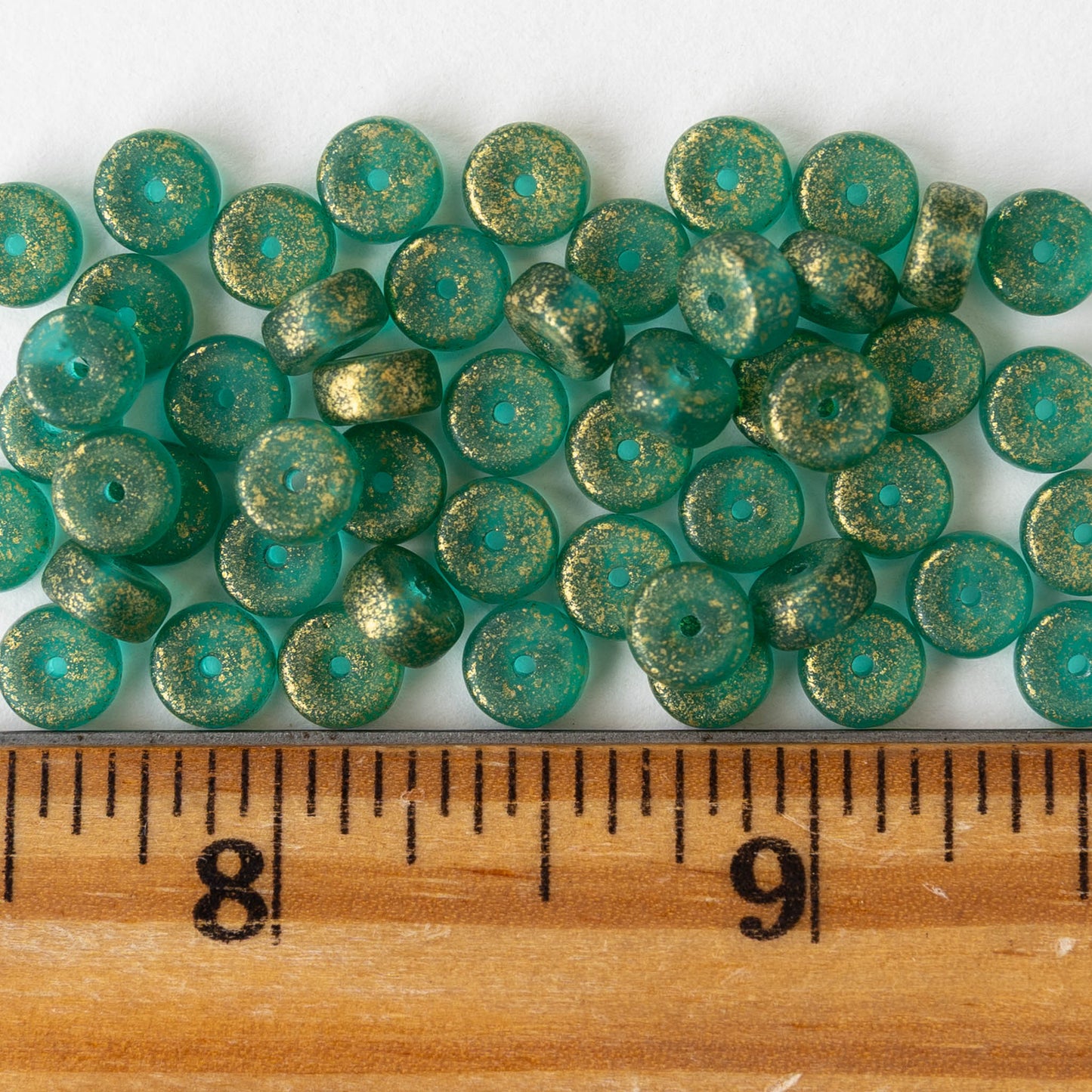 3x6mm Glass Heishi Beads - Matte Green with Gold Dust - 25 beads