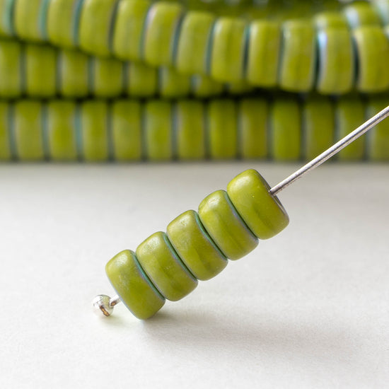 3x6mm Glass Heishi Beads - Opaque Lime Green AB - 25 beads
