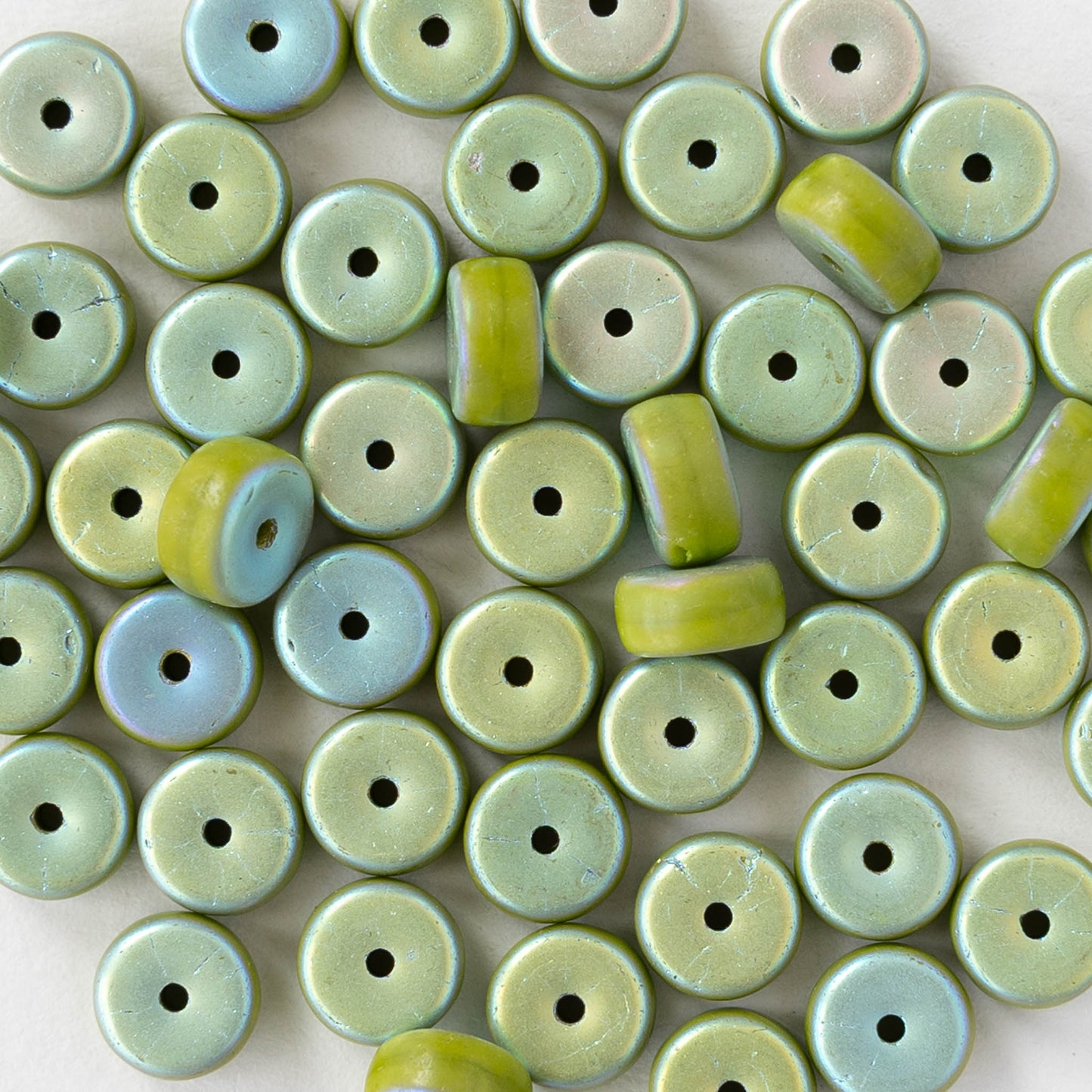 3x6mm Glass Heishi Beads - Opaque Lime Green AB - 25 beads