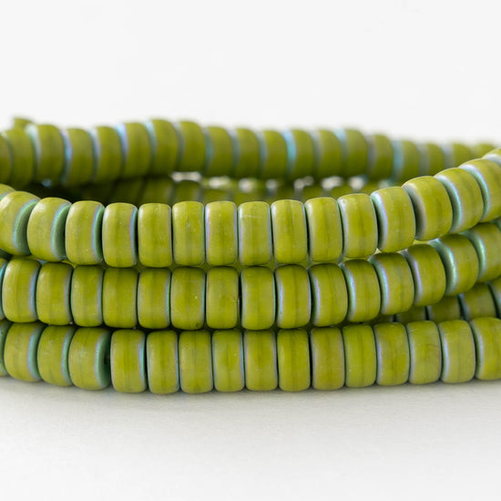 3x6mm Glass Heishi Beads - Opaque Lime Green AB - 25 beads