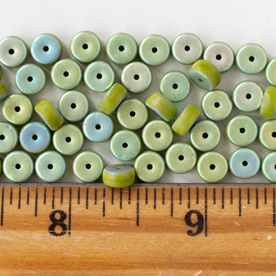 3x6mm Glass Heishi Beads - Opaque Lime Green AB - 25 beads
