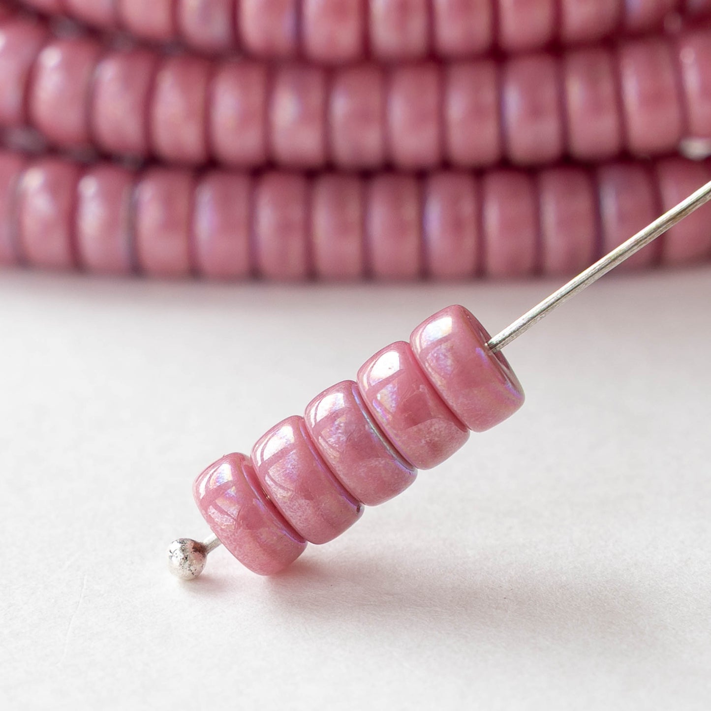 3x6mm Glass Heishi Beads - Opaque Pink AB - 25 beads