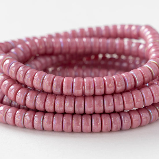 3x6mm Glass Heishi Beads - Opaque Pink AB - 25 beads