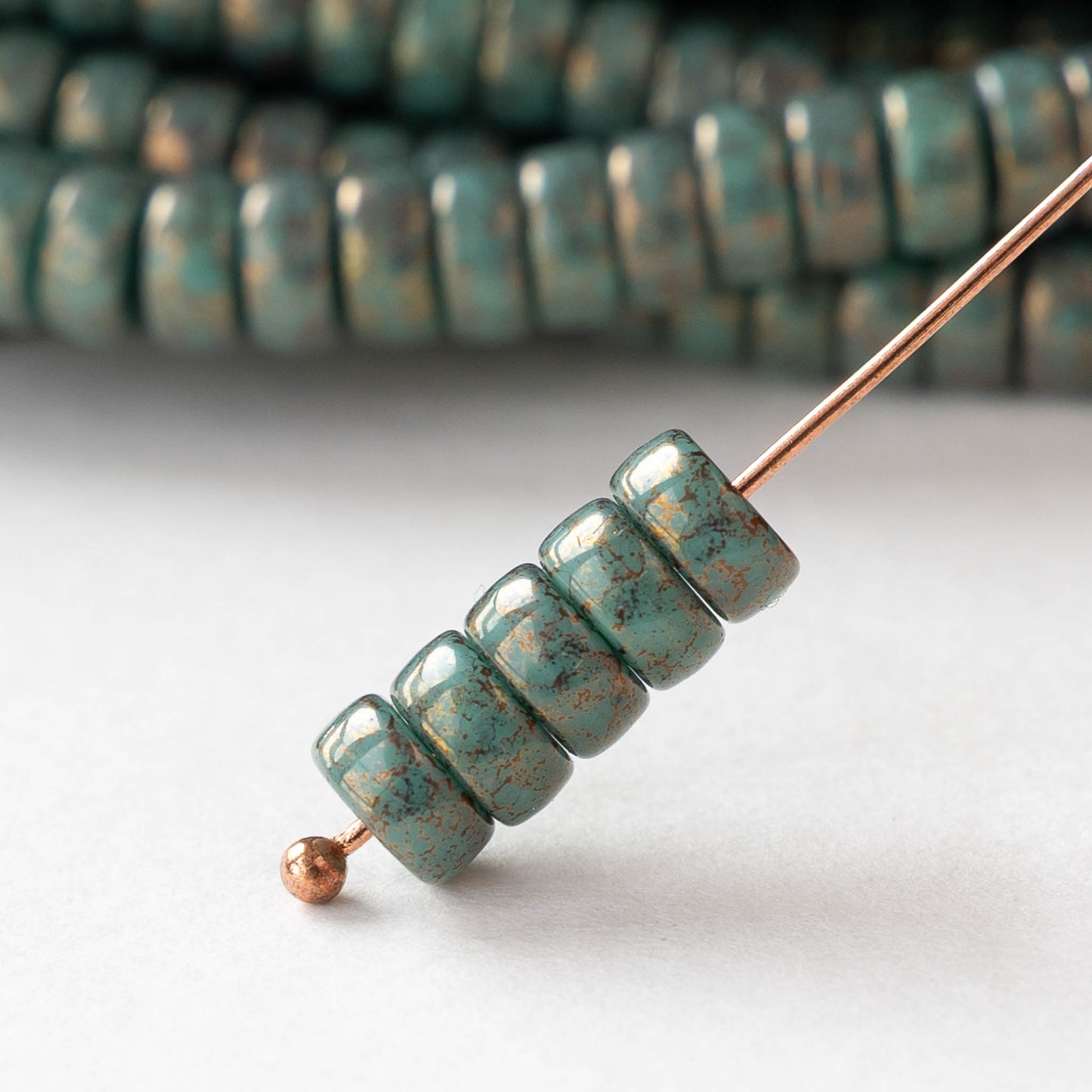 3x6mm Glass Heishi Beads - Opaque Turquoise Copper - 25 beads