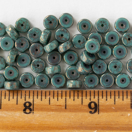 3x6mm Glass Heishi Beads - Opaque Turquoise Copper - 25 beads