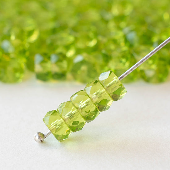 3x6mm Firepolished Glass Heishi Beads - Transparent Lime Green - 50 Beads