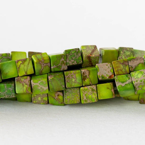 4.5mm Impression Jasper Cube Beads - Green ~45 beads