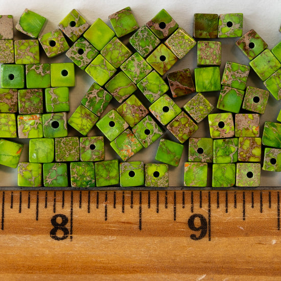 4.5mm Impression Jasper Cube Beads - Green ~45 beads