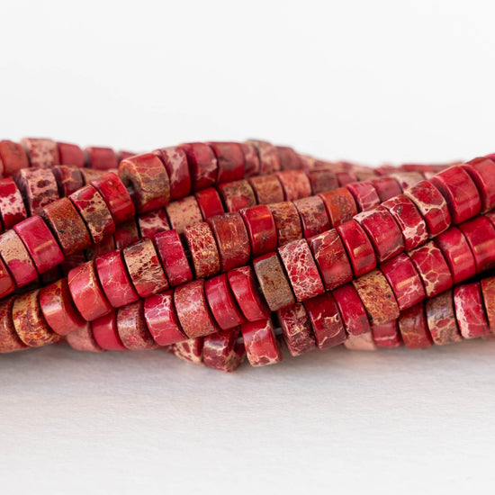 2x4mm Impression Jasper Wheel Beads - Red - 40 Beads