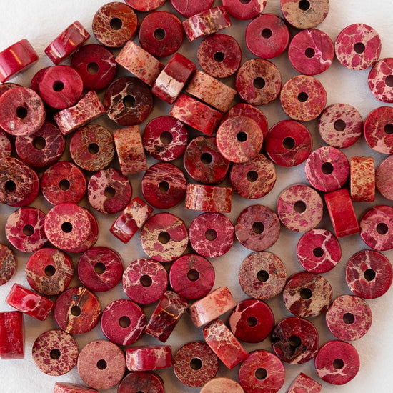 2x4mm Impression Jasper Wheel Beads - Red - 40 Beads