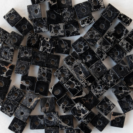 4.5mm Impression Jasper Square Heishi Beads - Black - 85 Beads