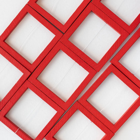40mm Wooden Square Beads - Red - 4 squares