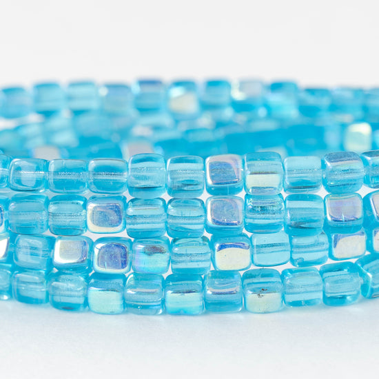 4mm Glass Cube Beads - Aqua AB - 40 beads