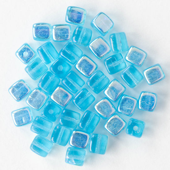 4mm Glass Cube Beads - Aqua AB - 40 beads