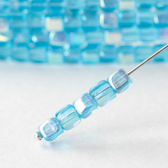 4mm Glass Cube Beads - Aqua AB - 40 beads