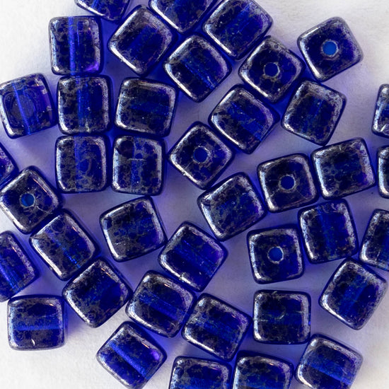 4mm Glass Cube Beads - Transparent Blue Silver Picasso - 40 beads