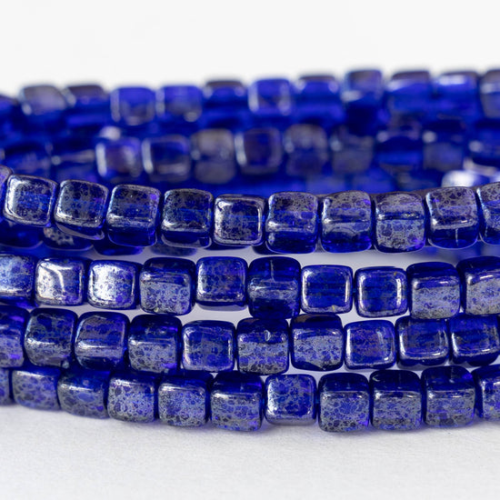 4mm Glass Cube Beads - Transparent Blue Silver Picasso - 40 beads