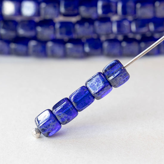 4mm Glass Cube Beads - Transparent Blue Silver Picasso - 40 beads