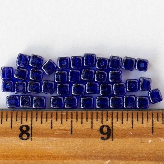 4mm Glass Cube Beads - Transparent Blue Silver Picasso - 40 beads