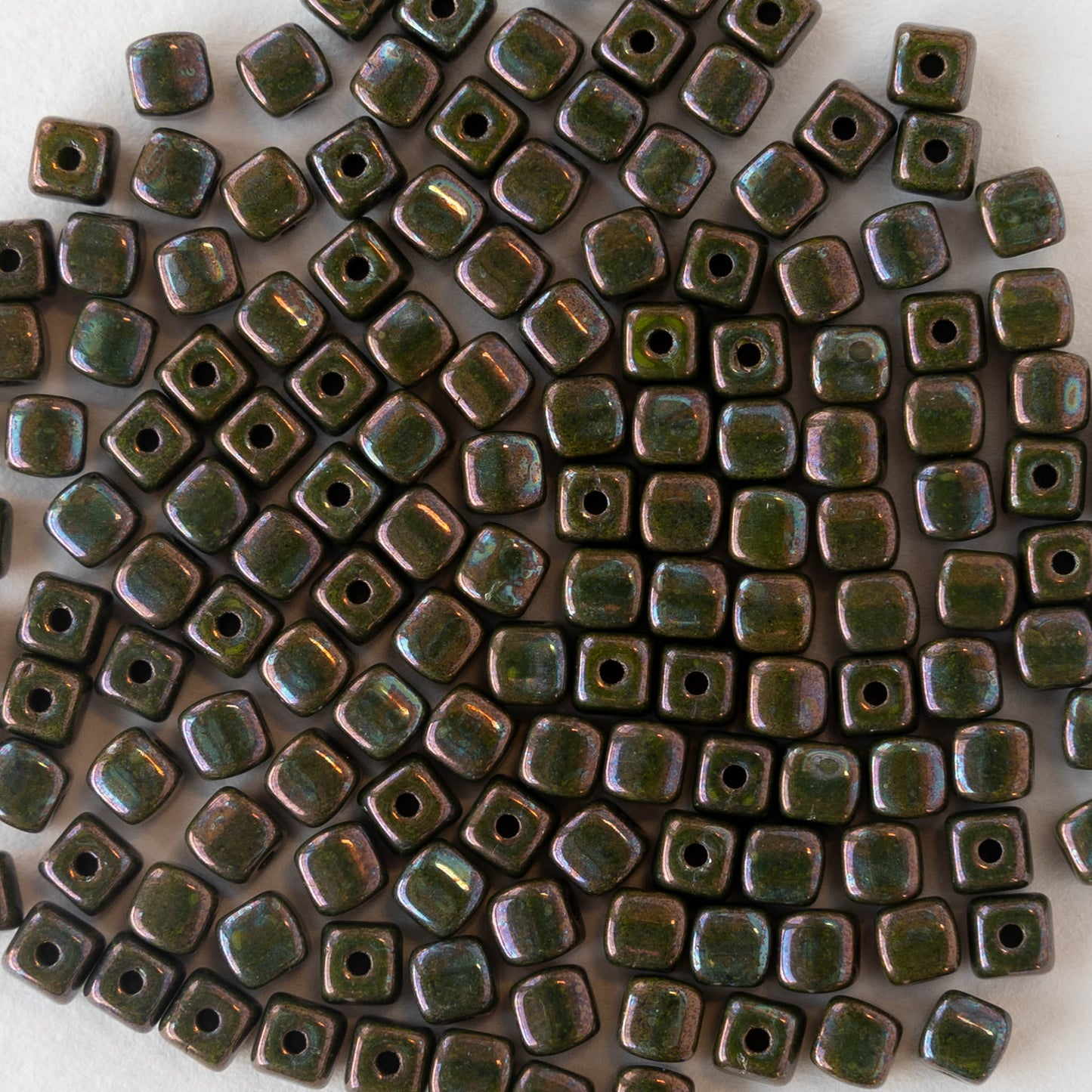 4mm Glass Cube Beads -  Opaque Green Nebula- 100 beads