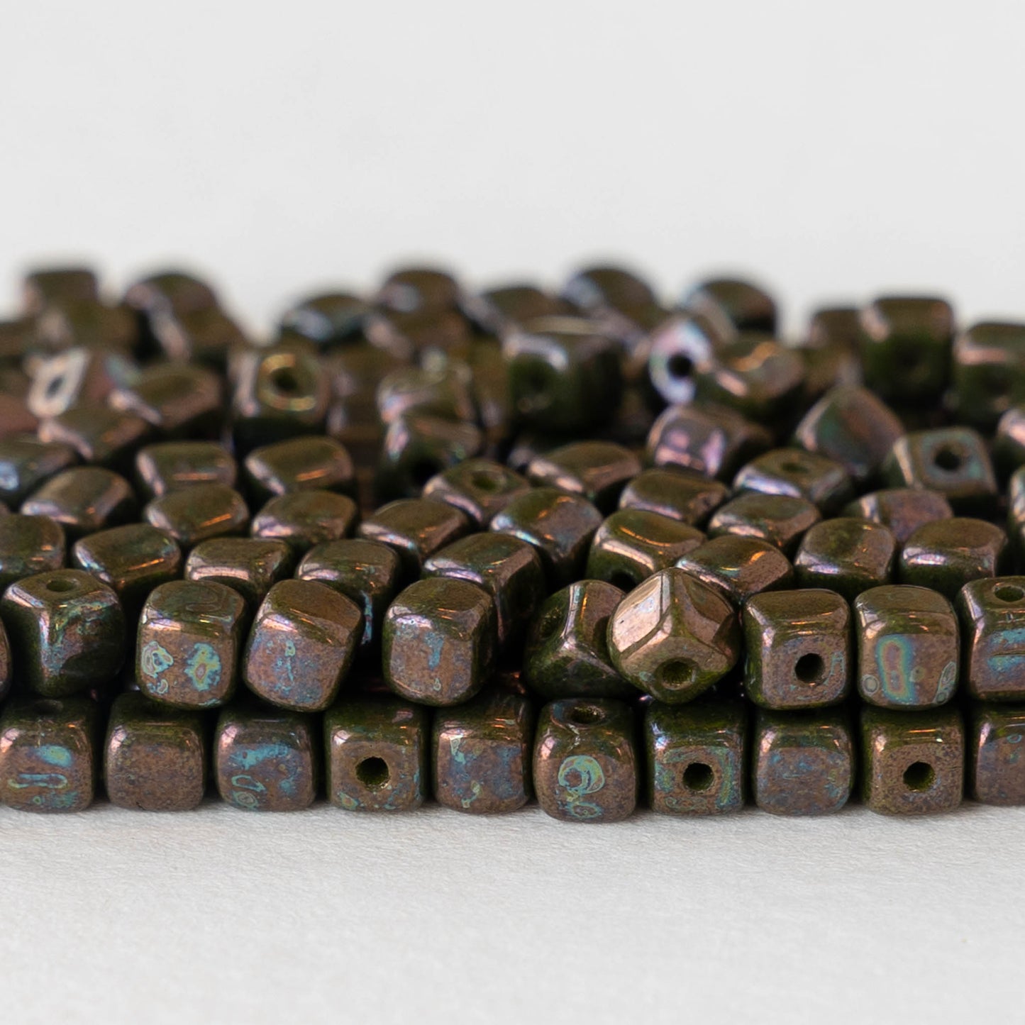4mm Glass Cube Beads -  Opaque Green Nebula- 100 beads