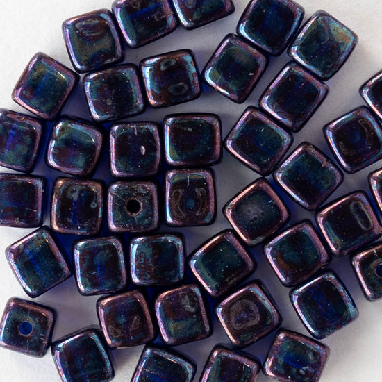 4mm Glass Cube Beads - Opaque Cobalt Rainbow - 40 beads