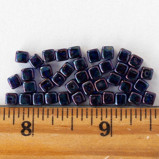 4mm Glass Cube Beads - Opaque Cobalt Rainbow - 40 beads