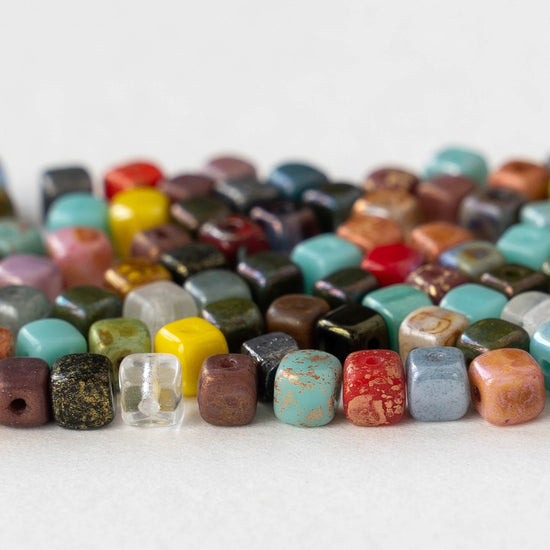 4mm Glass Cube Beads - Colorful Mix - 100 beads