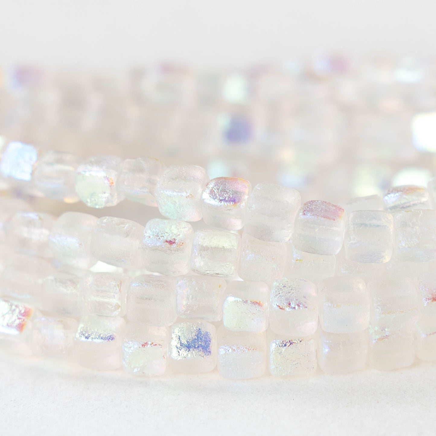 4mm Glass Cube Beads - Etched Crystal Rainbow AB - 40 beads