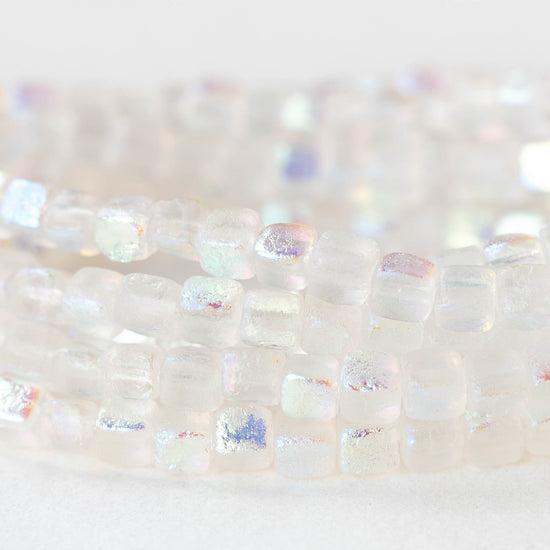 4mm Glass Cube Beads - Etched Crystal Rainbow AB - 40 beads