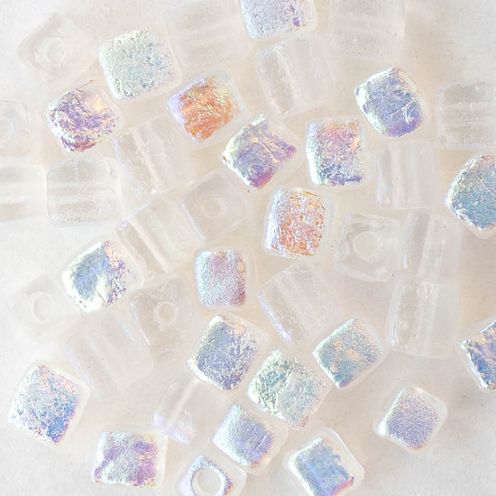 4mm Glass Cube Beads - Etched Crystal Rainbow AB - 40 beads