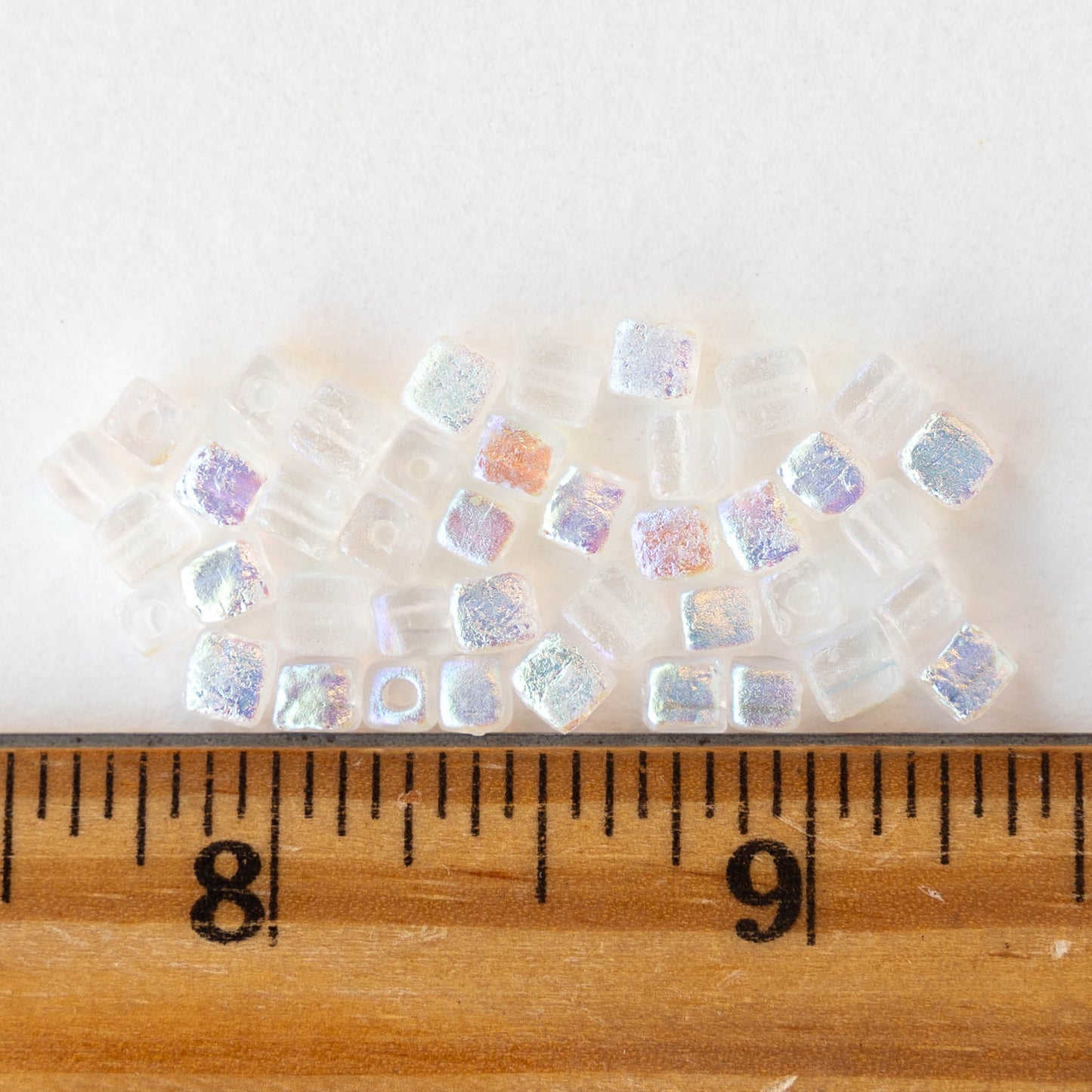 4mm Glass Cube Beads - Etched Crystal Rainbow AB - 40 beads