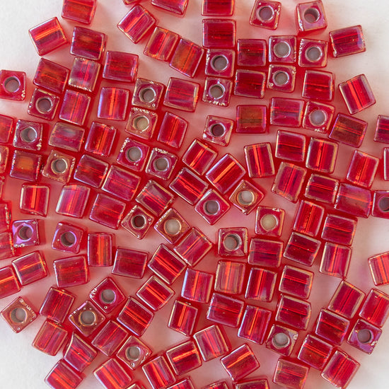 4mm Miyuki Cube Beads  - Silver Lined Flame Red AB - 20 grams