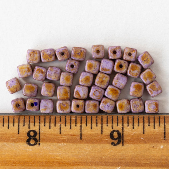 4mm Glass Cube Beads - Opaque Mauve Picasso - 40 beads