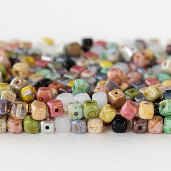 4mm Glass Cube Beads - Opaque Colorful Picasso Luster Mix - 100 beads