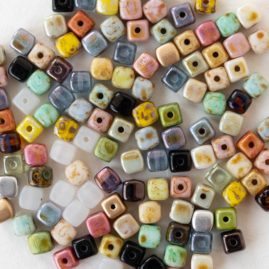 4mm Glass Cube Beads - Opaque Colorful Picasso Luster Mix - 100 beads