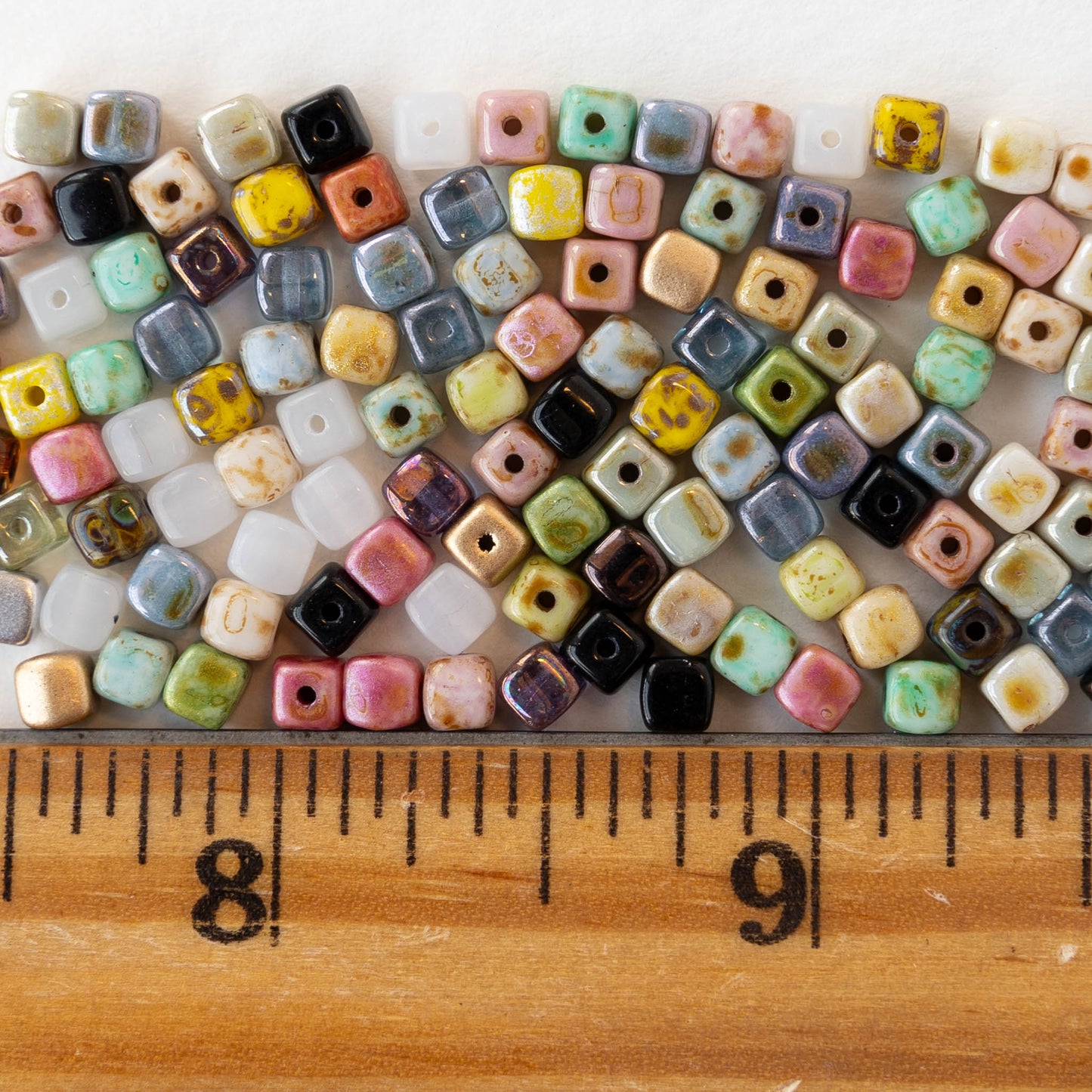 4mm Glass Cube Beads - Opaque Colorful Picasso Luster Mix - 100 beads