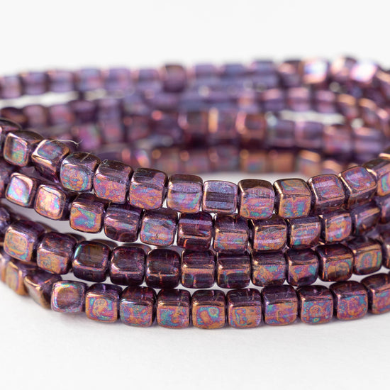 4mm Glass Cube Beads - Purple Bronze Luster - 40 beads