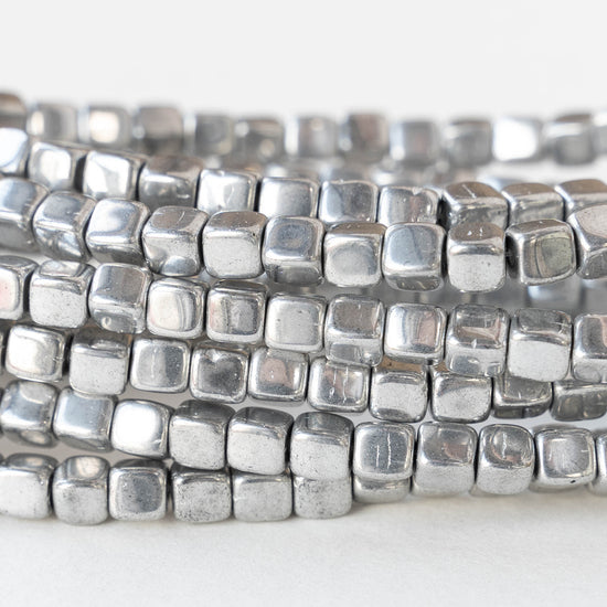 4mm Glass Cube Beads - Silver - 40 beads