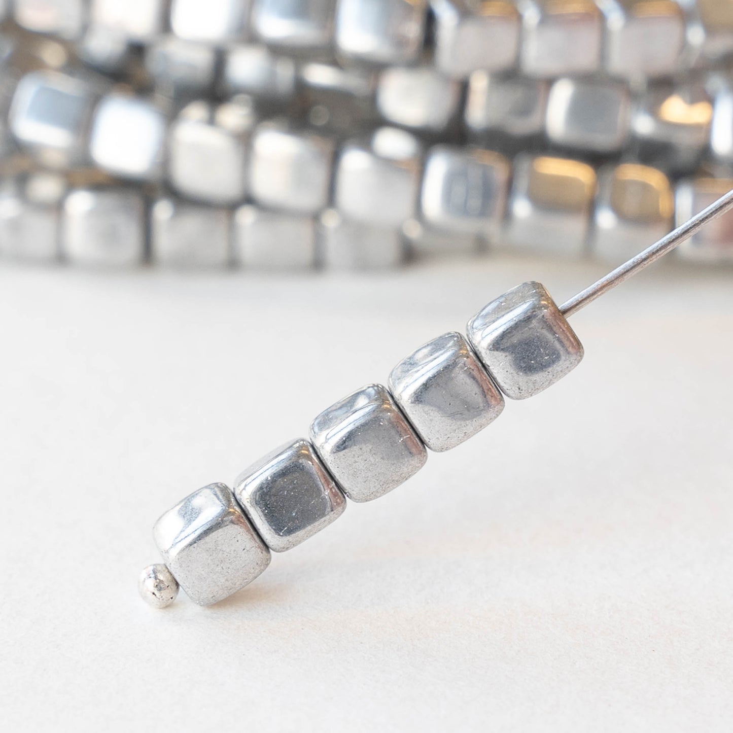 4mm Glass Cube Beads - Silver - 40 beads