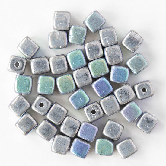 4mm Glass Cube Beads - Silver AB - 40 beads