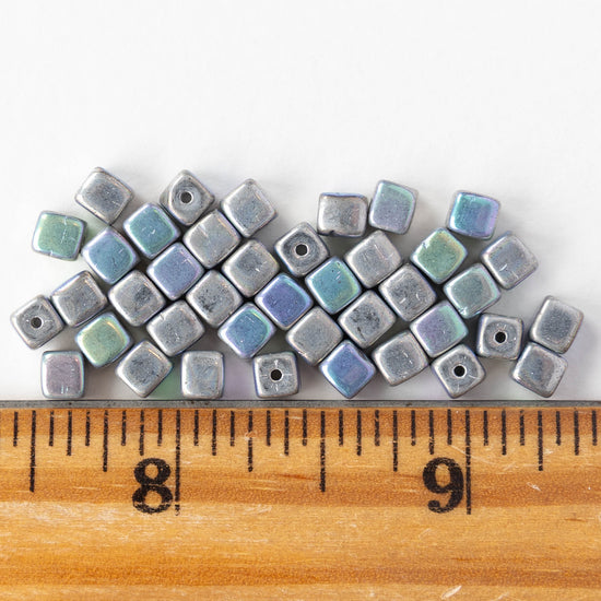 4mm Glass Cube Beads - Silver AB - 40 beads