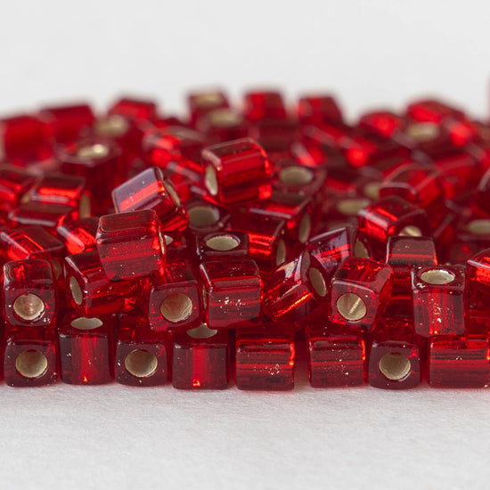 4mm Miyuki Cube Beads  - Silver Lined Ruby Red - 20 grams