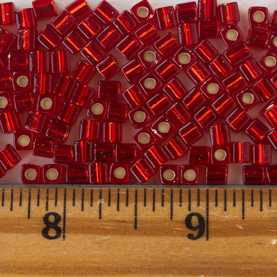 4mm Miyuki Cube Beads  - Silver Lined Ruby Red - 20 grams