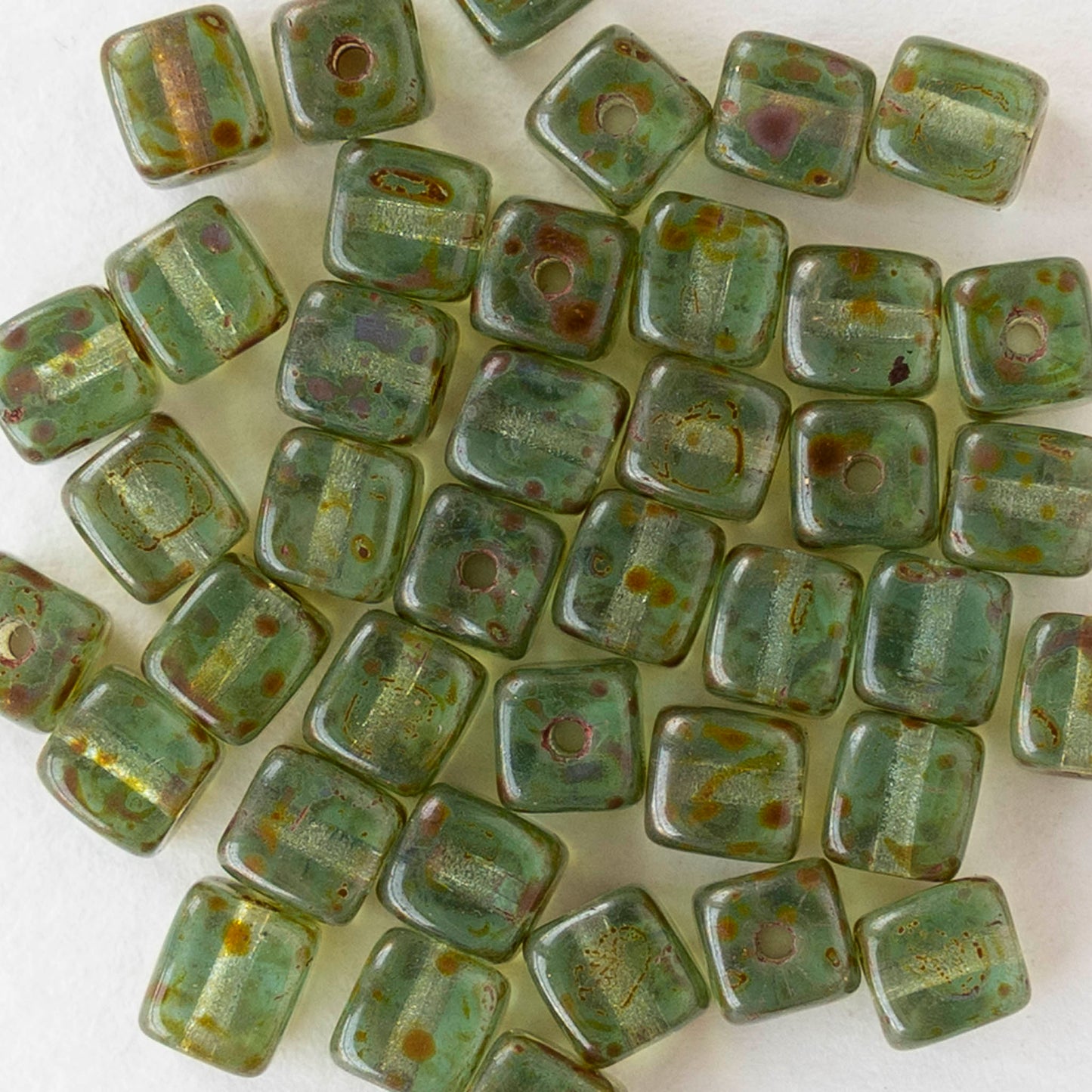 4mm Glass Cube Beads - Tea Green Picasso - 40 beads