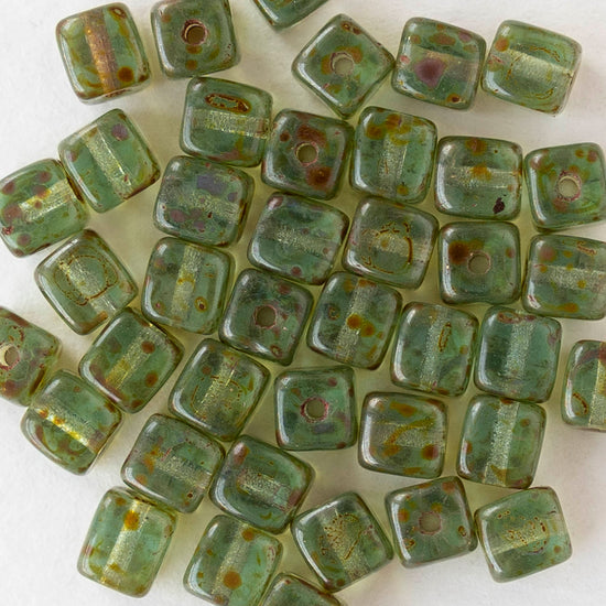 4mm Glass Cube Beads - Tea Green Picasso - 40 beads