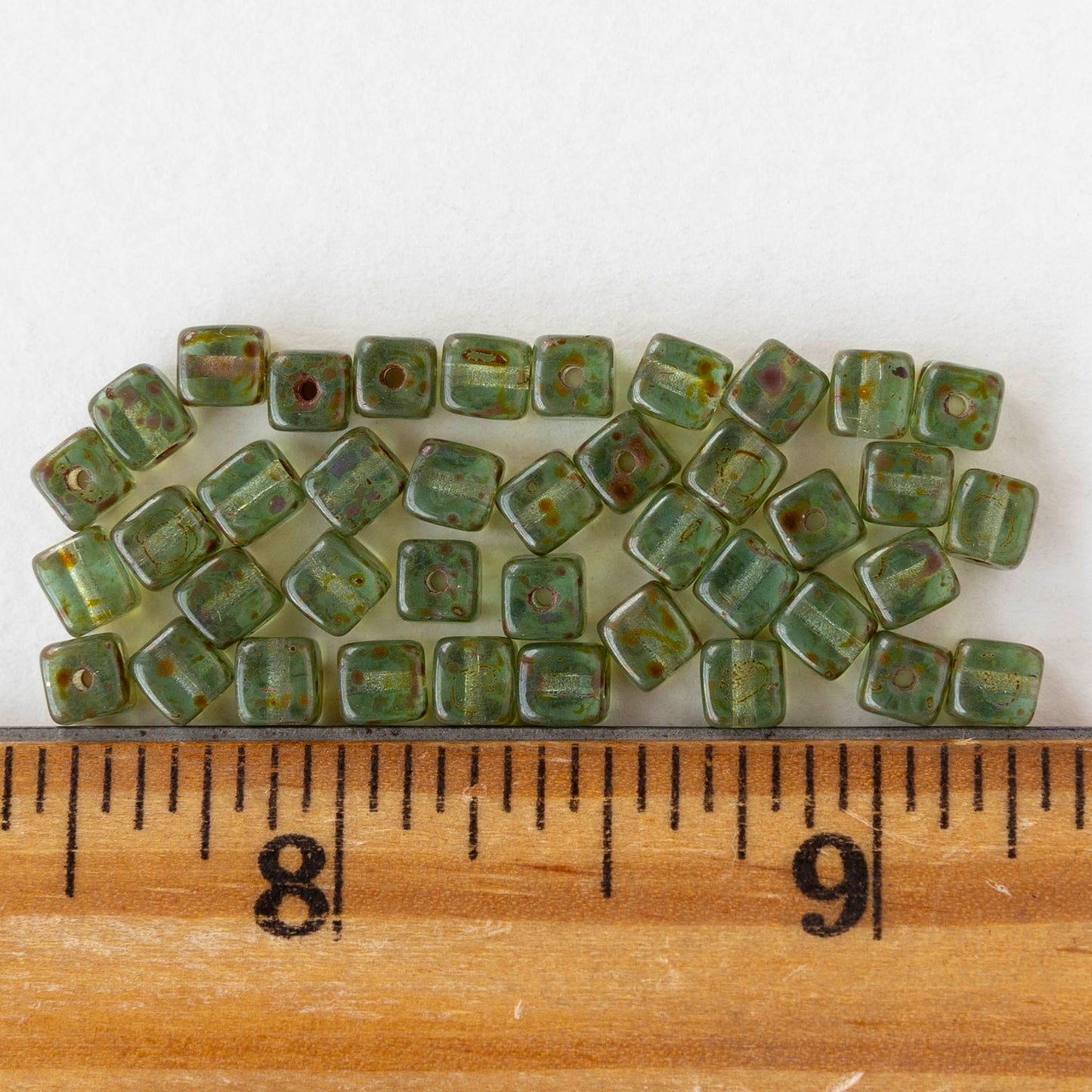 4mm Glass Cube Beads - Tea Green Picasso - 40 beads