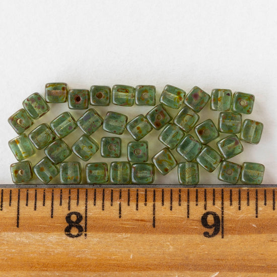 4mm Glass Cube Beads - Tea Green Picasso - 40 beads